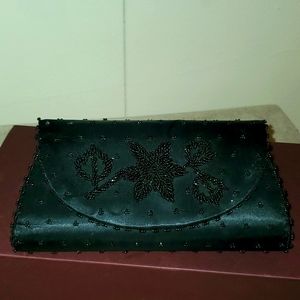 1960s Silvercraft Black Satin Beaded Clutch Purse